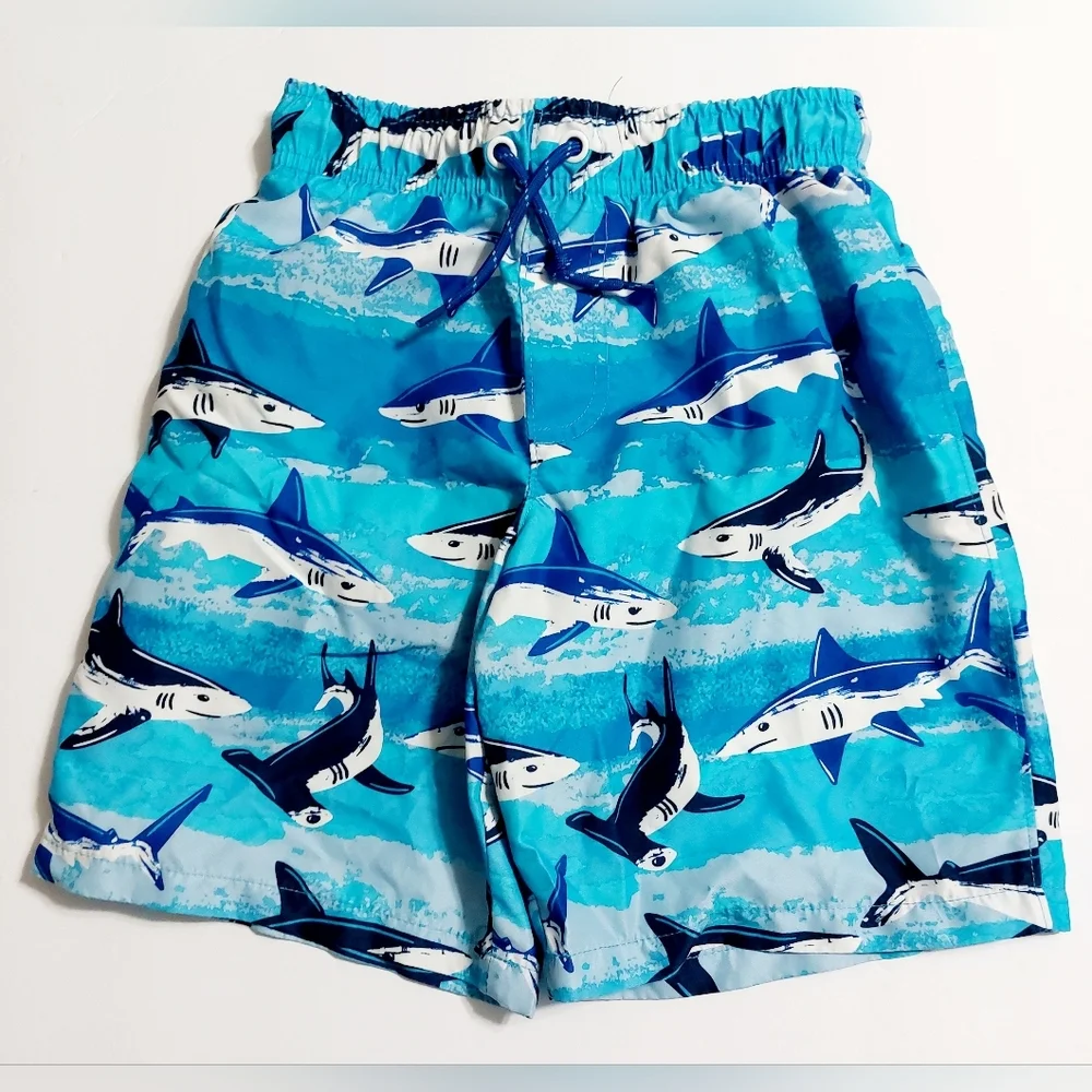 Boys Shark Swim Trunks‎ Size 8 Blue Ocean Print Mesh Lined Adjustable Waist